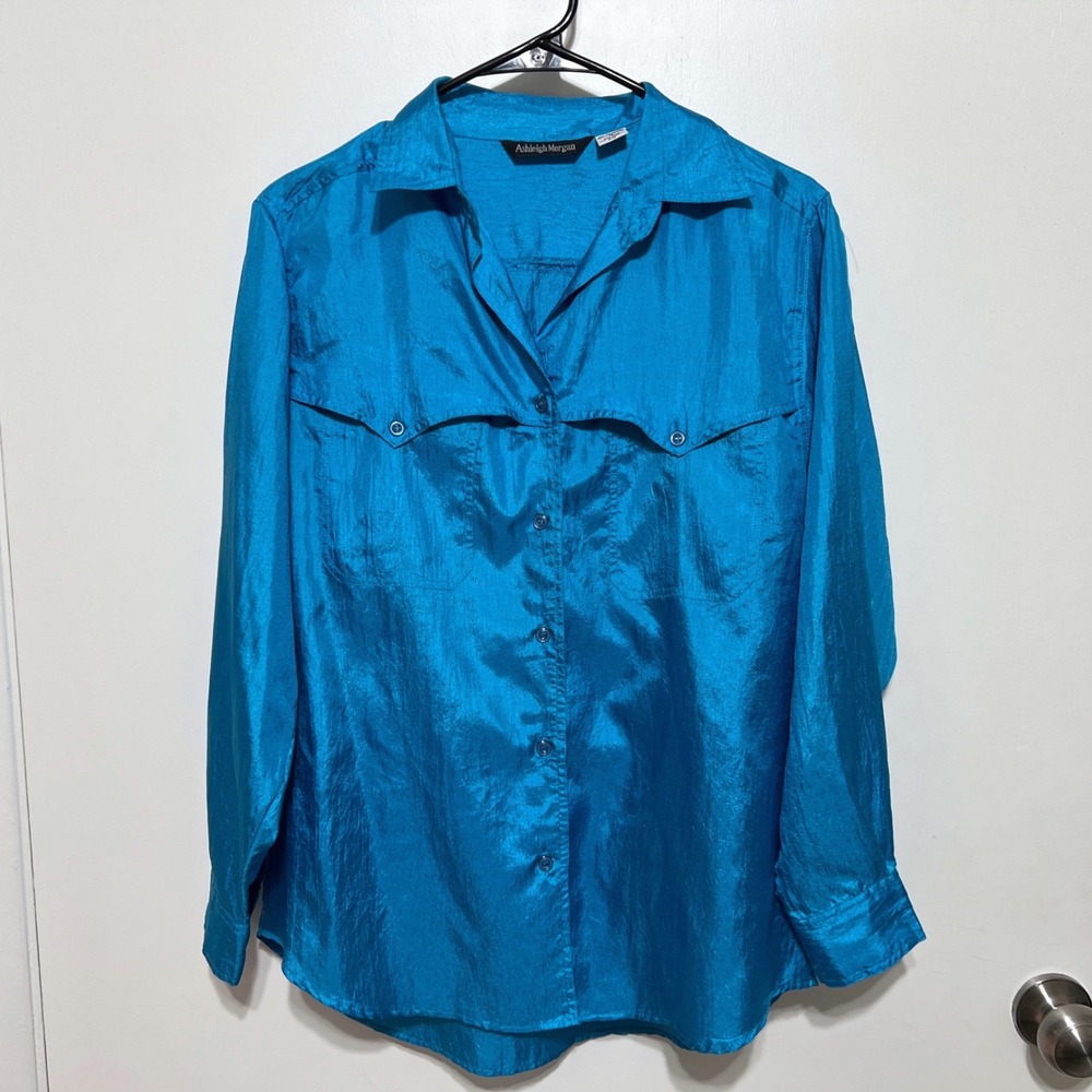 Ashleigh Morgan Womens Western Button Down Size M Turquoise Blue Long Sleeve 80s